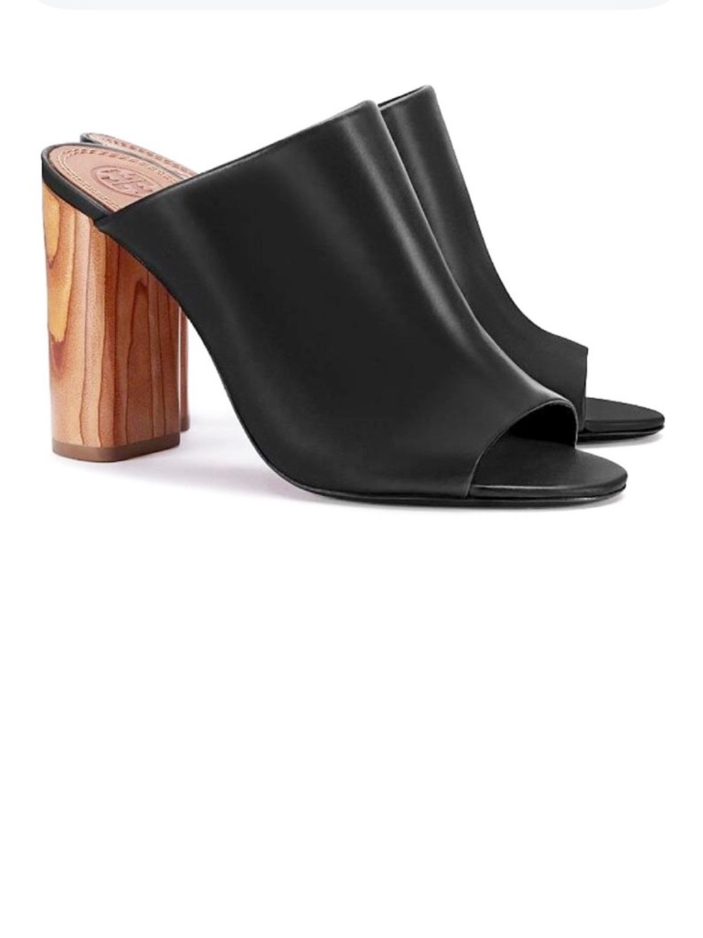 Tory Burch Black Leather Open-Toe Mule with Wood-Effect Block Heel